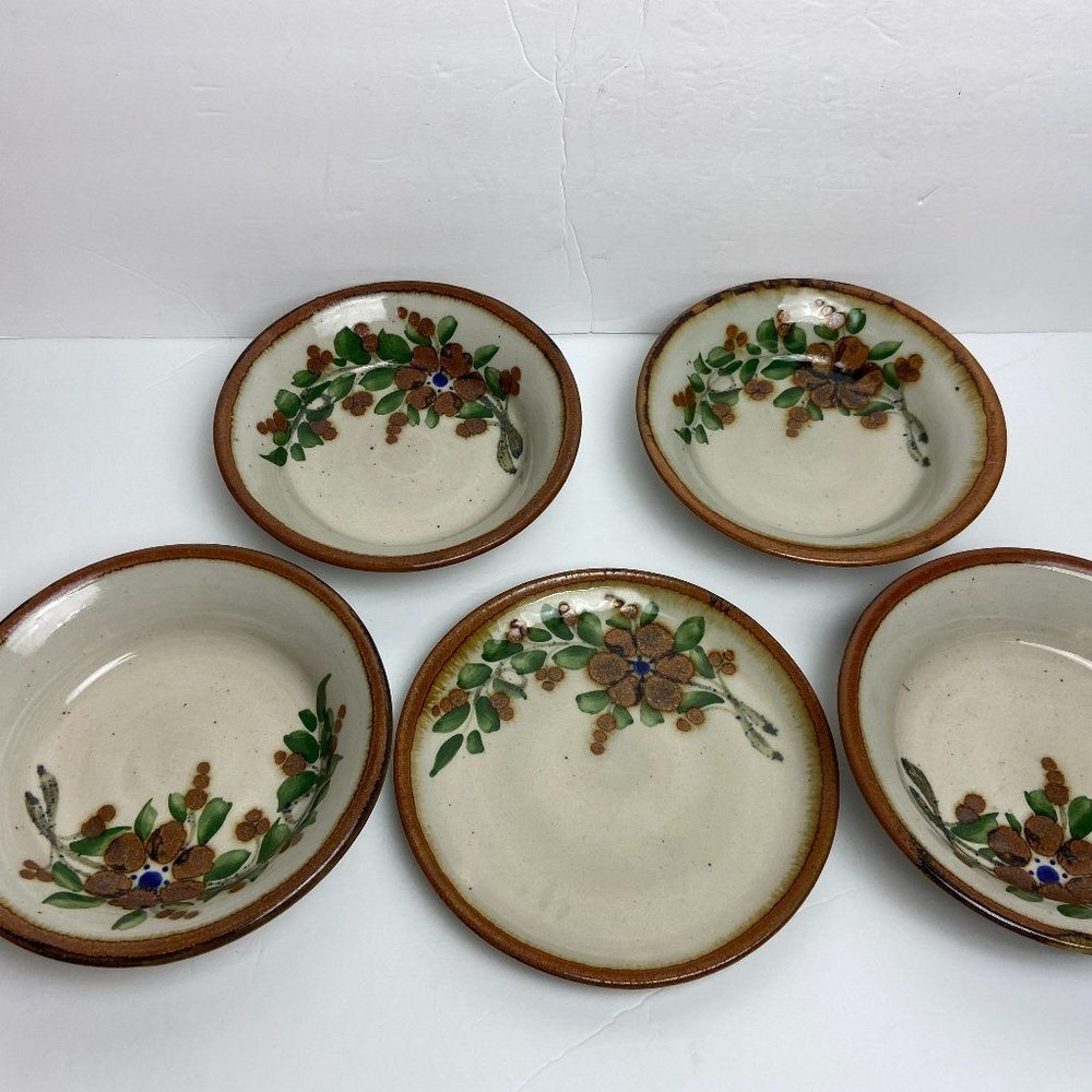 Vintage Set of 5 Pottery Bowls Plate Floral Glaze